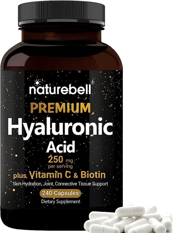 NatureBell Hyaluronic Acid Supplements 250mg | 240 Capsules, with Biotin 5000mcg & Vitamin C 25mg, 3 in 1 Support - Skin Hydration, Joint Lubrication, Hair and Eye Health