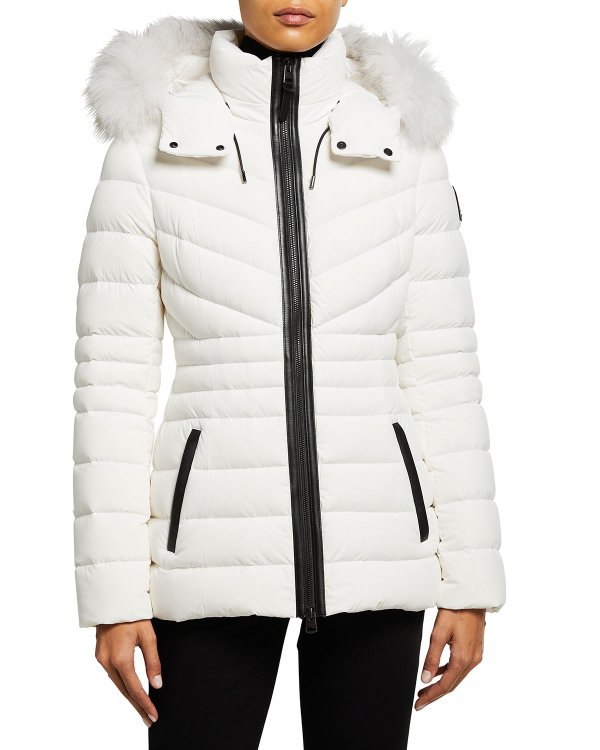 Pasty Lightweight Down Stretch Coat with Fur Ruff