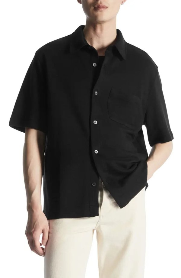 Relaxed Fit Short Sleeve Button-Up Knit Shirt