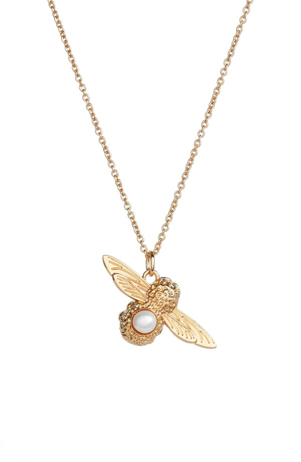 Yellow Gold Plated Faux Pearl Accented Bee Pendant Necklace