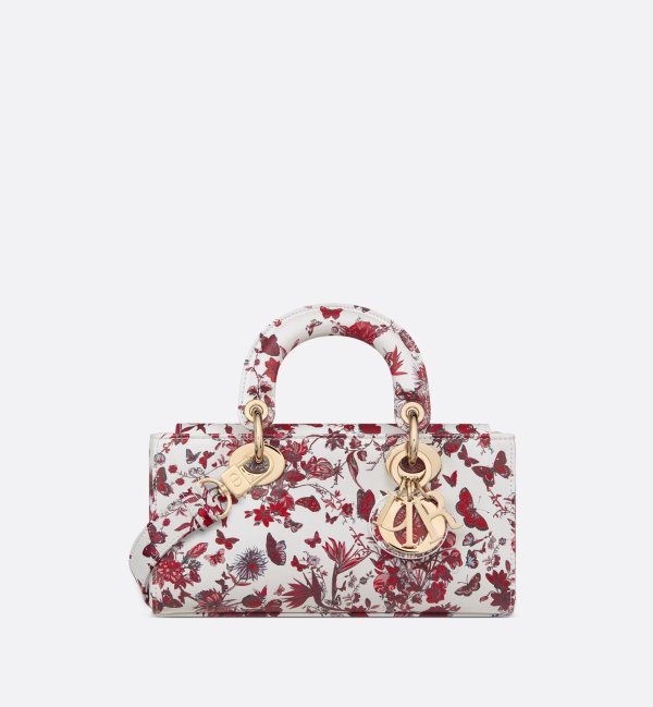 Small Lady D-Joy Bag White and Red Calfskin with Le Coeur des Papillons Print