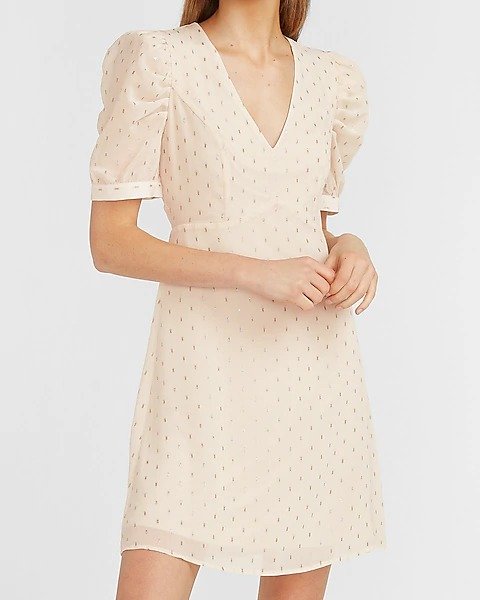 Metallic Clip Dot Puff Sleeve Fit And Flare Dress