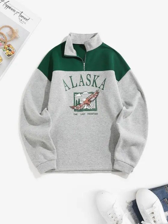 Fleece Lined ALASKA Graphic Quarter Zip Sweatshirt DEEP BLUE GRAY