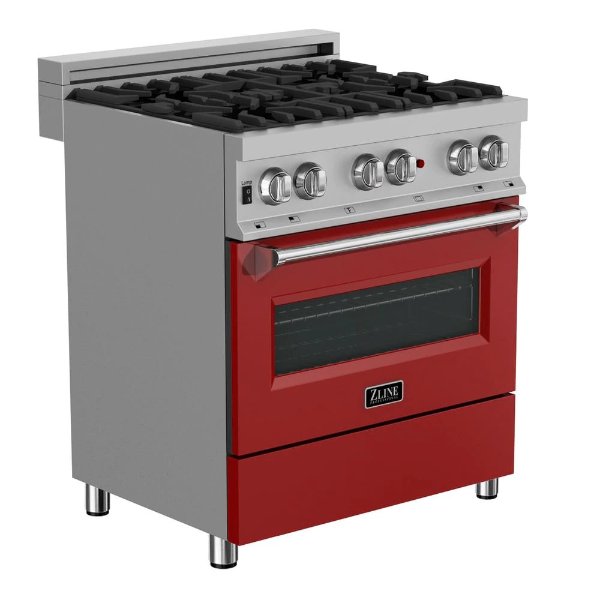 ZLINE 30 in. 4.0 cu. ft. Dual Fuel Range with Gas Stove and Electric Oven in DuraSnow Stainless Steel and Red Matte Door