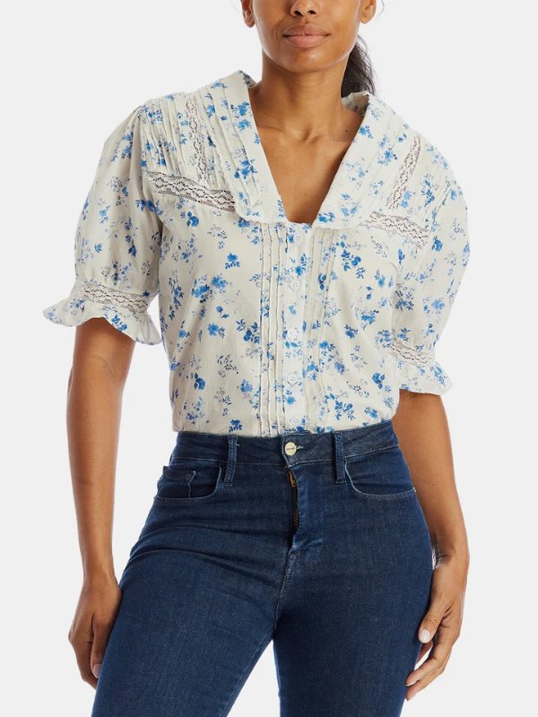 V-Neck Printed Short Bubble Sleeve Top