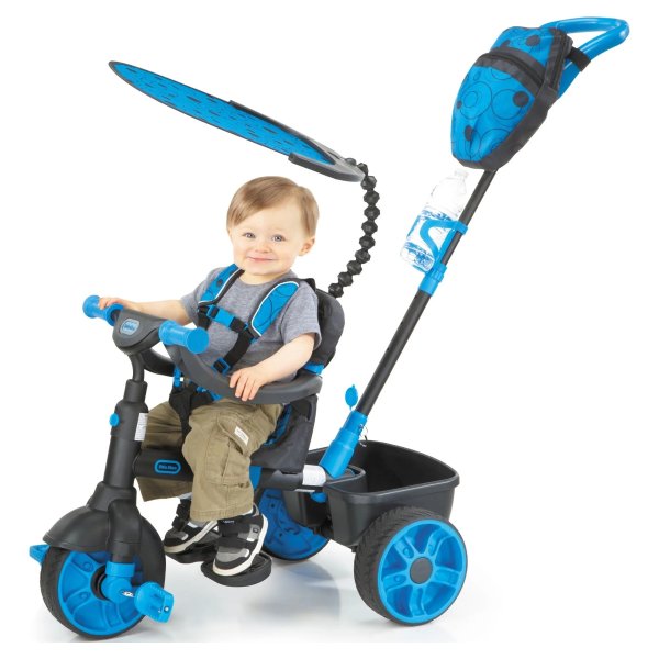 4-in-1 Deluxe Edition Neon Blue Trike, Convertible Tricycle w/ 4 Stages of Growth & Shade Canopy, Toddlers, Kids Boys Girls Ages 9 Months to 3 Years