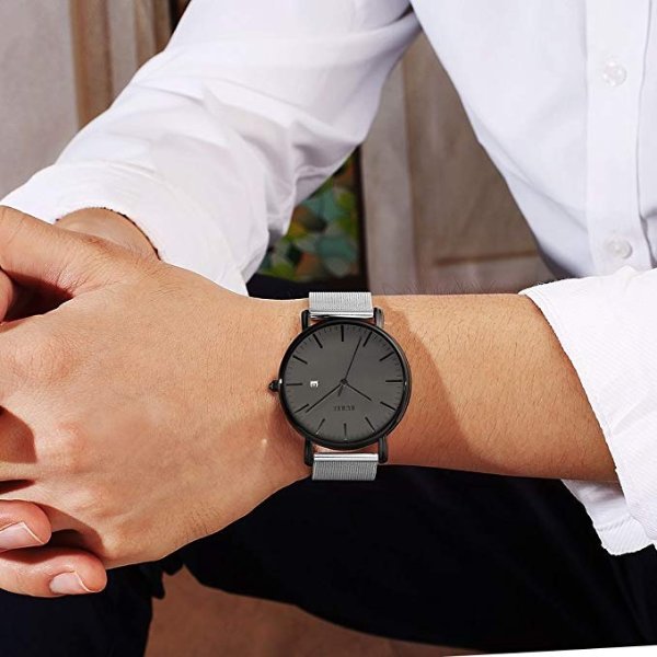 Men's Fashion Minimalist Wrist Watch Analog Date with Stainless Steel Mesh Band