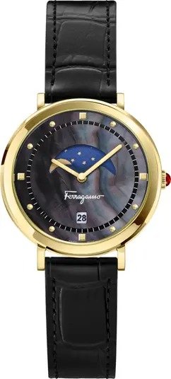 Logomania Moon Phase Croc Embossed Leather Strap Watch, 36mm