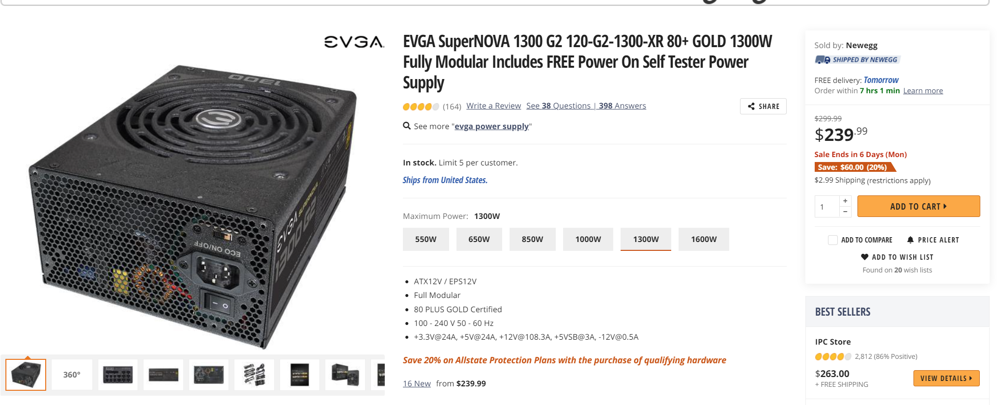 EVGA SuperNOVA 1300 G2 PSU 1300W 80+金牌电源