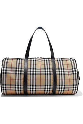 Leather-trimmed checked canvas weekend bag