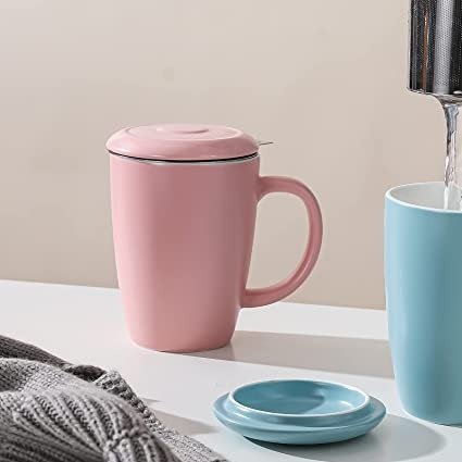 Ceramics Tea Cup with Loose Leaf Infuser, Spoon and Lid, 15oz, Candiicap Large Tea infuser Mug for Tea, Coffee, Milk-Microwave and Dishwasher Safe(15oz,Matte Pink)