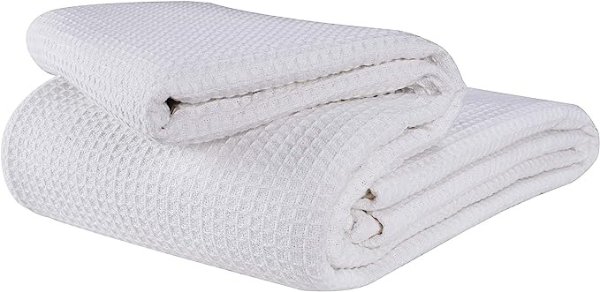 100% Cotton Thermal Blanket, Breathable Bed Blanket Queen Size, Soft Waffle Blanket For All Season, White