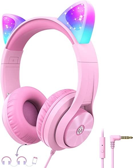 Cat Ear Led Light Up Kids Headphones with Microphone, HS20 Wired Headphones -Shareport- 94dB Volume Limited, Foldable Over-Ear Headphones for Kids/School/iPad/Tablet/Travel (Medium, Pink)