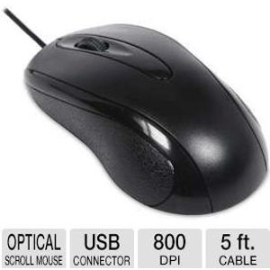 Raygo USB Optical Scroll Mouse - 3-Button, USB, 5ft Cord, 800 dpi, Black