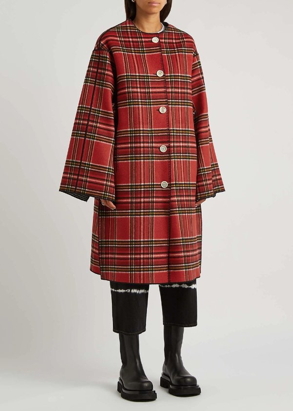 Tartan and houndstooth reversible wool-blend coat