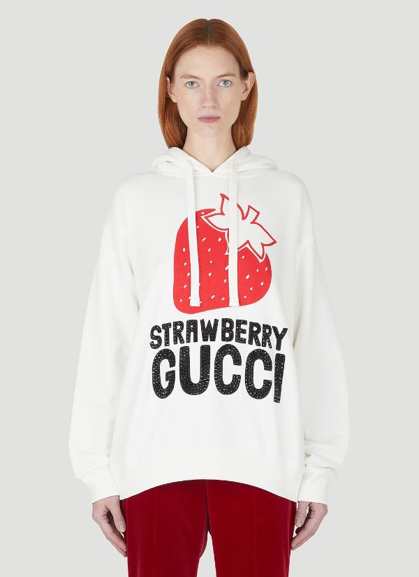 Strawberry Hooded Sweatshirt in Red Web GG Sneakers in White Velvet Suit Pants in Red