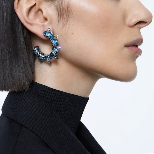 Chroma hoop earrings, Blue, Rhodium plated by SWAROVSKI