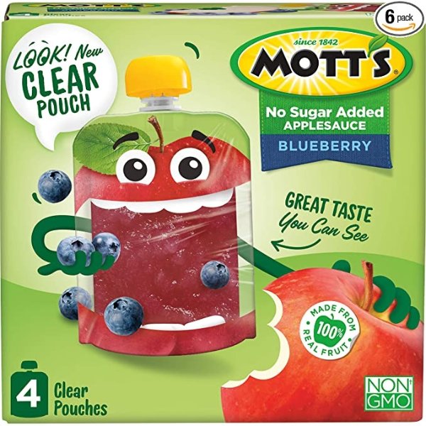 No Sugar Added Blueberry Applesauce, 3.2 Ounce (Pack of 24) Clear Pouch, Perfect for on-the-go, No Added Sugars or Sweeteners, Gluten Free and Vegan