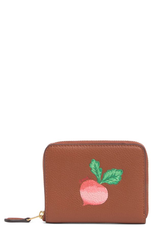 Radish Embroidered Motif Small Leather Wallet