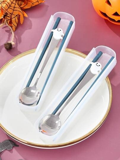 1pc Cartoon Ghost Design Spoon & 1pair Chopsticks