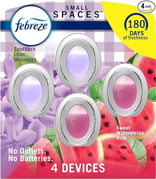 Small Spaces Air Freshener Odor Eliminator Sweet Watermelon Vine, Southern Lilac Mornings, Pack of 4 (2 of Each), 0.25 Oz Each - Perfect for Bathroom Accessories or Apartment Essentials