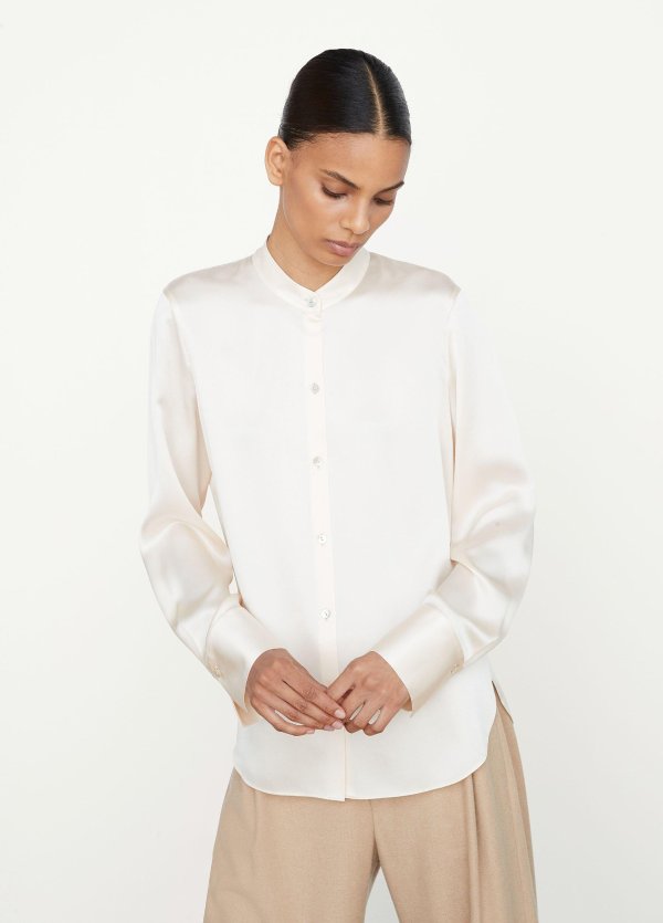 Silk Slim-Fitted Band Collar Blouse