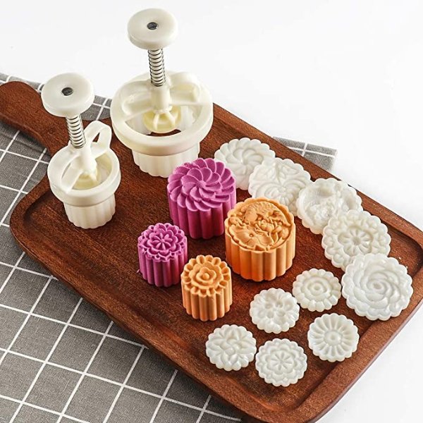 5pcs 35g Cookie Stamps + 5pcs 83g Cookie Press Mooncake Mold Set, Thickness Adjustable DIY Decoration Hand Press Cutter Cake Mold