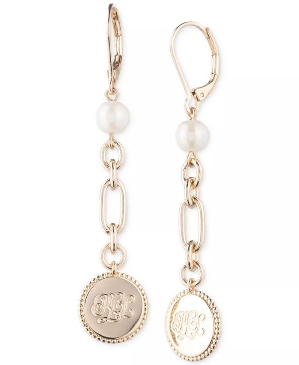 Gold-Tone Imitation Pearl Coin Linear Earrings