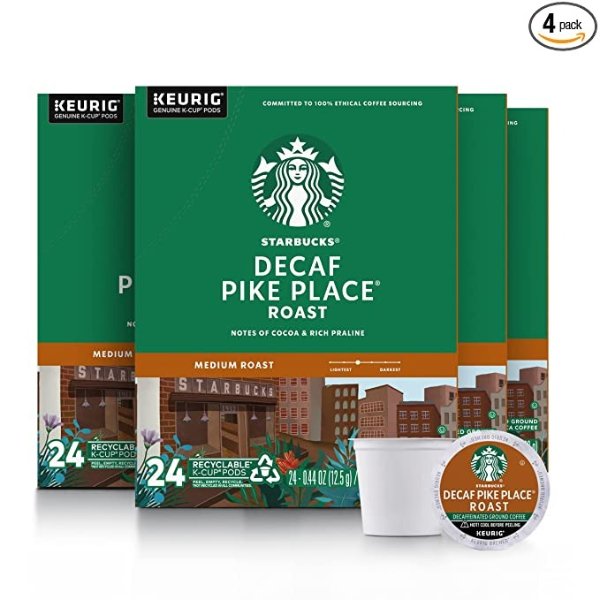 Starbucks Decaf K-Cup Coffee Pods — Pike Place Roast for Keurig Brewers — 4 boxes (96 pods total) - Packaging may vary