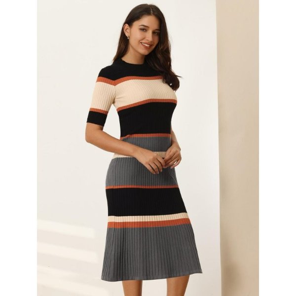 Hobemty Women's Striped Ribbed Dress Short Sleeve Midi Basic Knitted Dresses