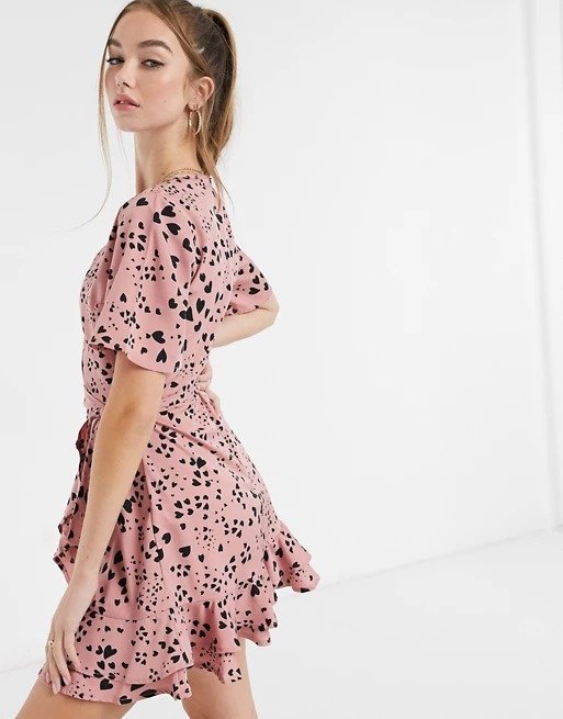 wrap front mini dress in dusky pink heart print | ASOS