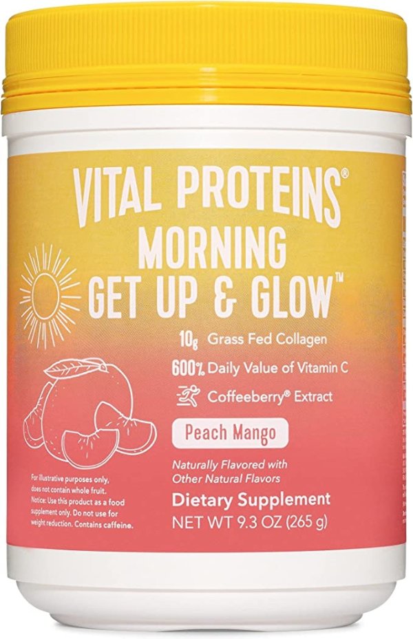 Morning Get Up and Glow Collagen peptides Powder Supplement, 90mg Caffeine for Energy & Vitamin C & Biotin & Hyaluronic Acid - 9.3oz