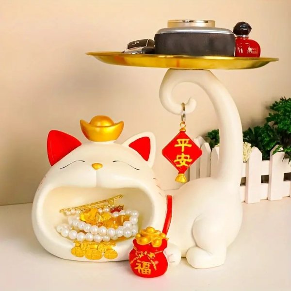 1pc Statue Storage Tray, Fortune Cat With Multifunctional Storage And Decoration, Spring Festival Figurines Can Store Jewelry, Keys, And Snacks For Home Living Room Bedroom Decor