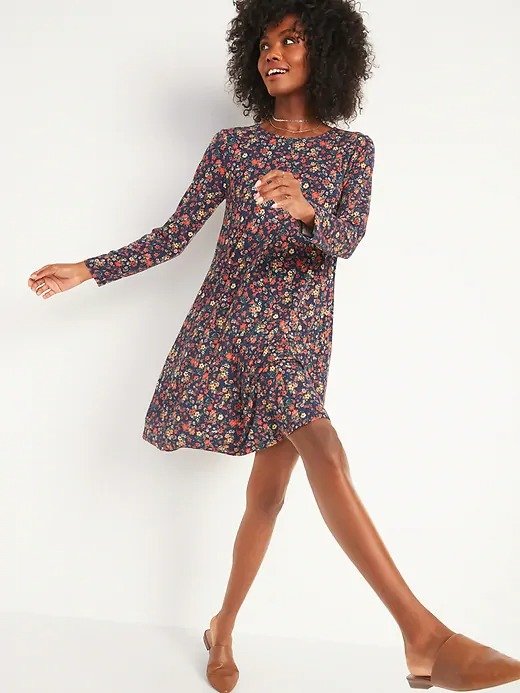 Floral-Print Jersey-Knit Swing Dress for Women