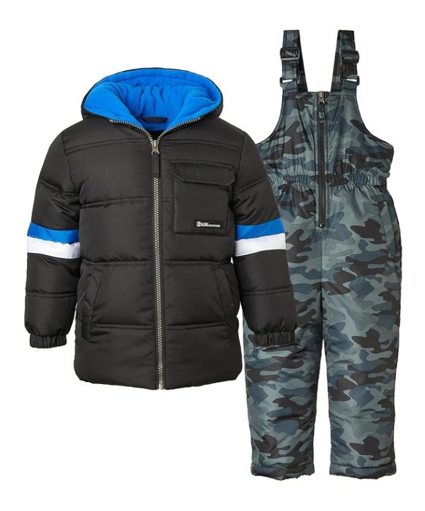 Black Stripe Puffer Coat & Gray Camo Overall Snow Suit - Toddler & Boys