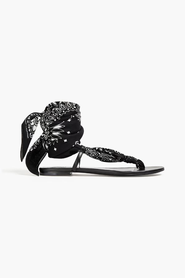 Leather-trimmed paisley-print woven sandals