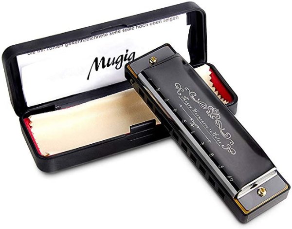 Mugig Harmonica, C Key Harmonica for Beginners or Kids, 10 Holes 20 Tones, 1.2mm Plate Structure, Stainless Steel Cover, with Carry Box, Black (Standard)