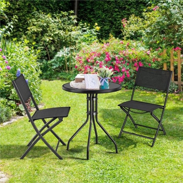 3 Pieces Patio Bistro Set Textilene Iron Garden Outdoor Dining Set Tempered Glass Table Foldable Chairs, Black
