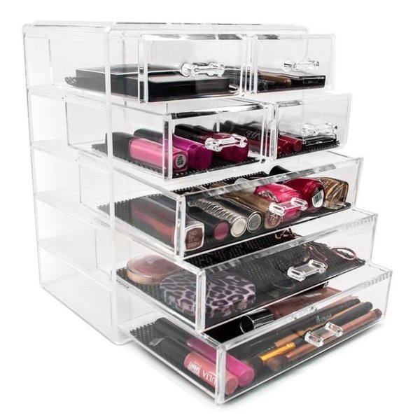 Acrylic Cosmetics Makeup and Jewelry Storage Case Display - 3 Large and 4 Small Drawers Space-Saving, Stylish Case Great for Lipstick, Eye Liner, Nail Polish, Brushes, Jewelry and More