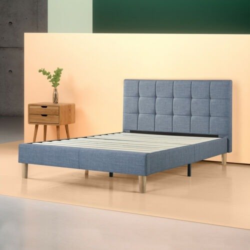 Lottie Upholstered Square Stitched Platform Bed, Blue Slate