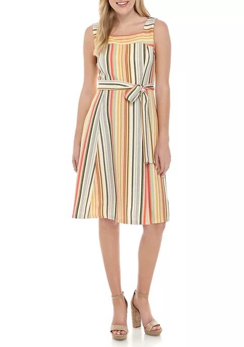 Women's Sleeveless Square Neck Stripes Fit and Flare Dress