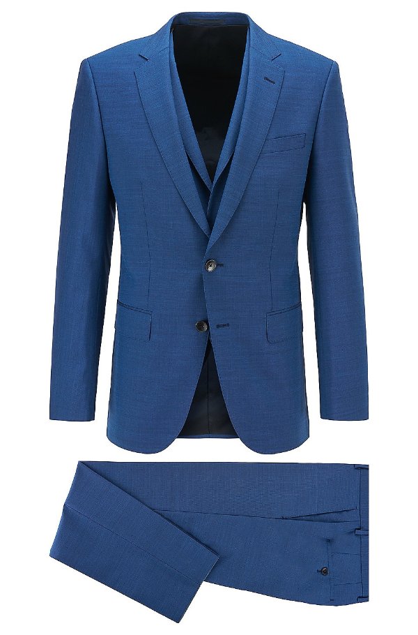 Slim-fit three-piece suit in virgin wool with silk

