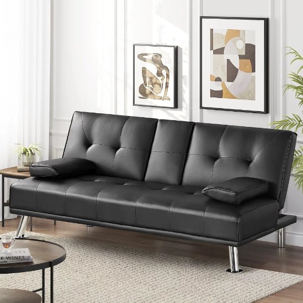 LuxuryGoods Modern PU Leather Futon w/ Cupholders & Pillows, Black