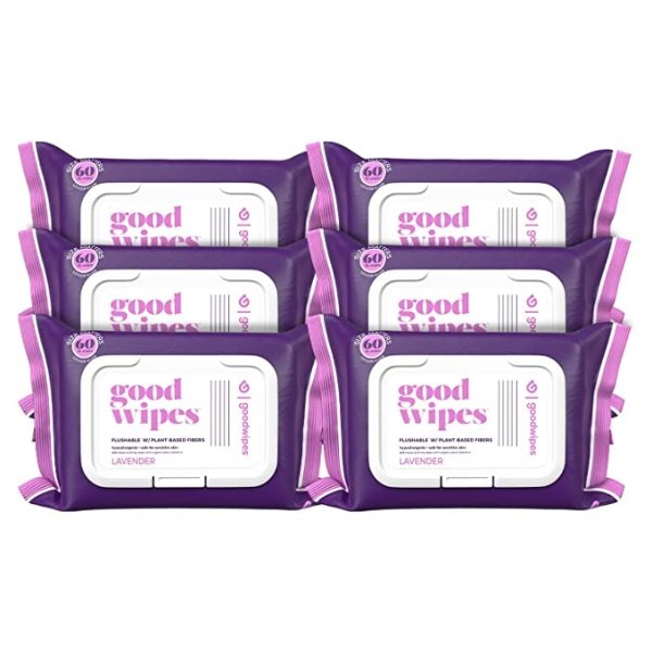 Goodwipes Flushable Butt Wipes Made w/Soothing Botanicals & Aloe – Soft & Gentle Wet Wipe Dispenser for Home Use, Septic & Sewer Safe – Largest Adult Toilet Wipes – Lavender, 360 count (6 packs)