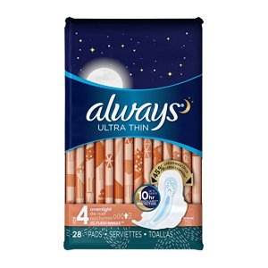 Always Ultra Thin Size 4 Overnight Pads With Wings, Unscented, 28 count (Pack of 3)
