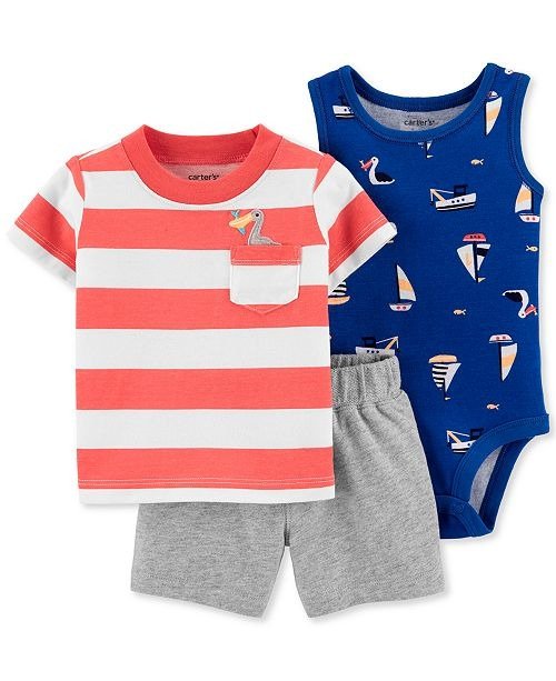 Baby Boys 3-Pc. Seagulls & Sailboats Cotton Bodysuit, Striped Shirt & Shorts Set