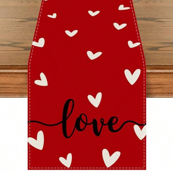 1pc Heart Shaped Red Background Happy Valentine'S Day Table Runner, Seasonal Anniversary Wedding Holiday Kitchen Dining Table Decoration For Indoor Outdoor Home Parties, 13 X 72 Inches
