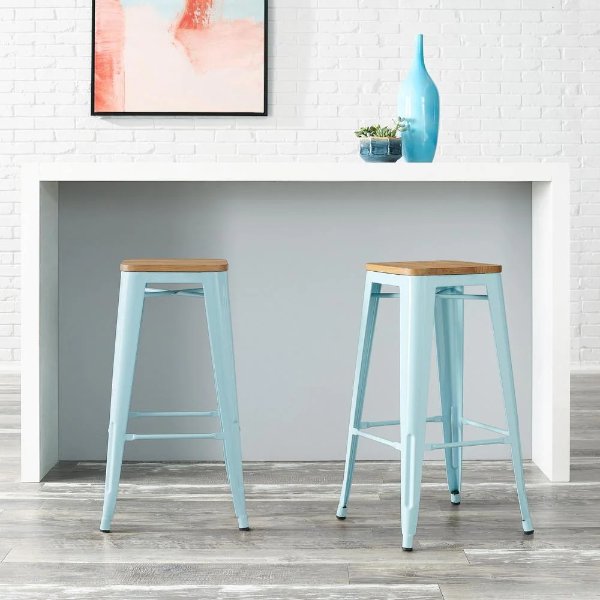Finwick Seafoam Blue Metal Backless Bar Stool with Wood Seats (Set of 2) (16.93 in. W x 29.53 in. H)
