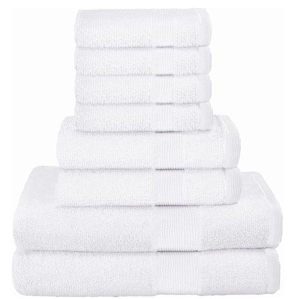 8 Piece Towel Set 100% Ring Spun Cotton, 2 Bath Towels 27x54, 2 Hand Towels 16x28 and 4 Washcloths 13x13 - Ultra Soft Highly Absorbent Machine Washable Hotel Spa Quality - White