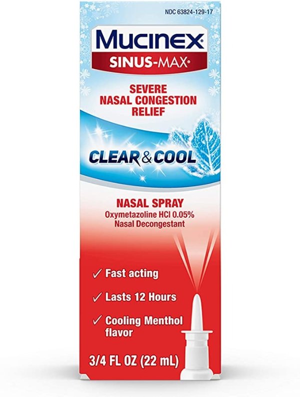 Nasal Decongestant Spray, Mucinex Sinus Max Clear & Cool Nasal Spray, Cooling Menthol Flavor, 0.75 fl oz, Fast Acting Medicine that Lasts 12 Hours, Relieves Sinus Pressure and Nasal Congestion